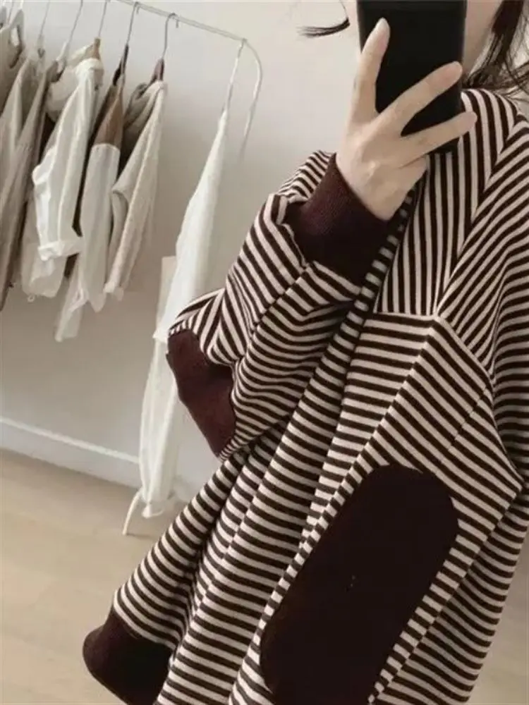 Loose Fit Ladies Hoodie Jaet plus Size Long Sve Striped Top Korean Sle Spring Autumn Wear Slimming Effect for Women