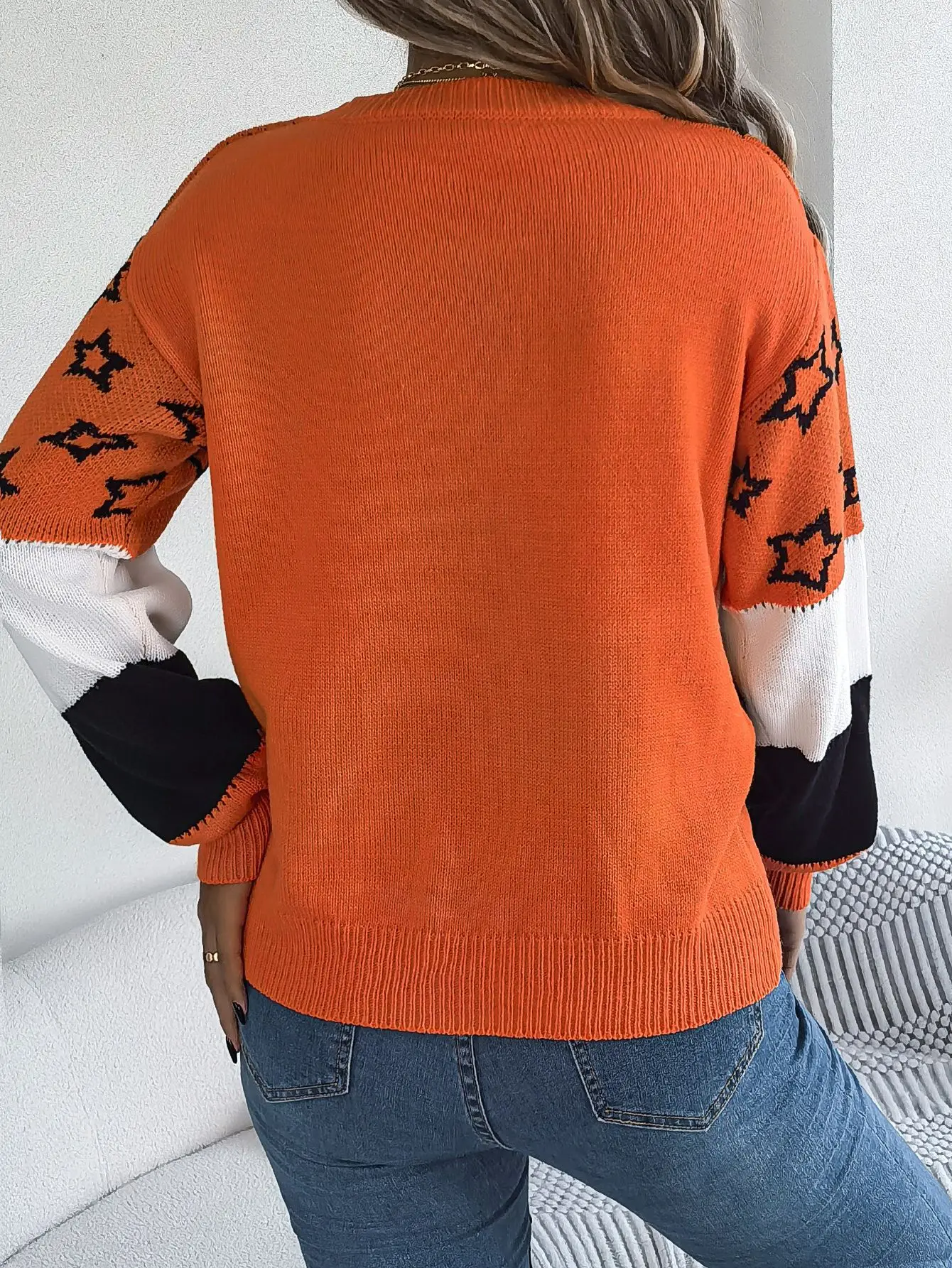 2025 Otoño Invierno mujer suéter Tops suéteres mujer Casual Color-Block estrella recorte linterna manga suéter