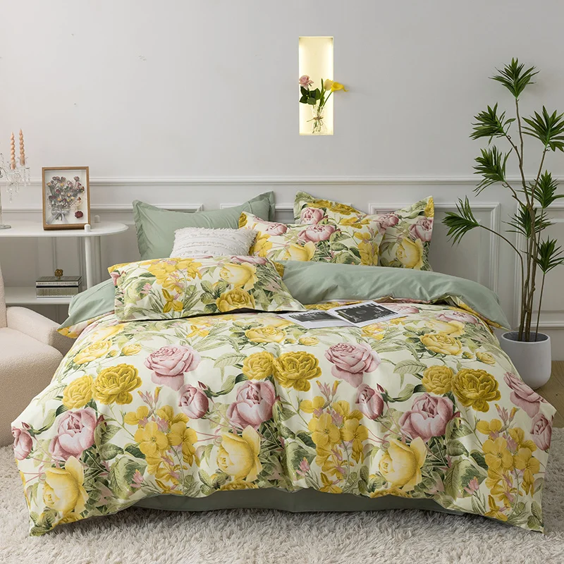 

Home Textile Spring Printed Bedding Set, Single, Double, Queen Size, Flat Sheet, Duvet Cover, Pillowcase, Bed Linens, Fashion