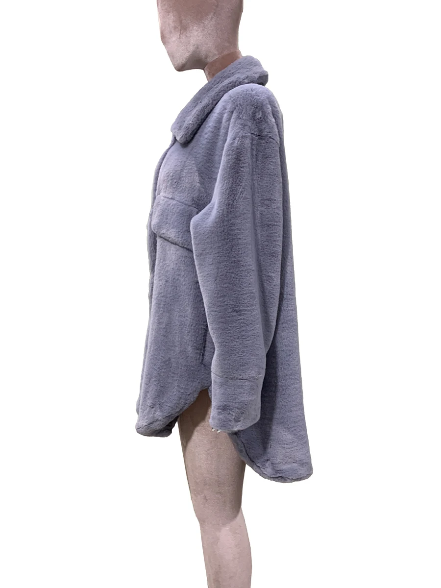 

Autumn Winter Oversized Thick Warm Soft Grey Asymmetrical Faux Fur Shirt Women Loose High End Fluffy Jacket Korean Fashion 2026