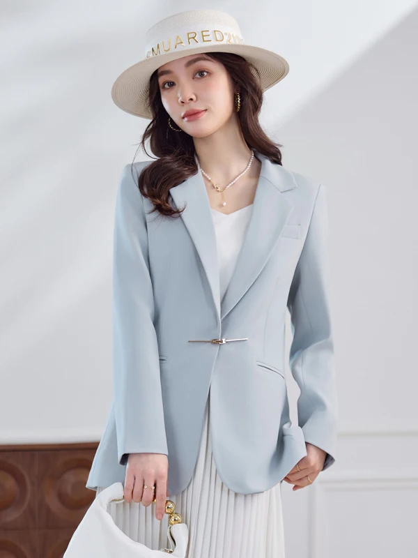 

Elegant Pure Color Commute Professional Women's Slim Fit Button Pocket Detail Office Suit Long Sleeve Polyester Fiber