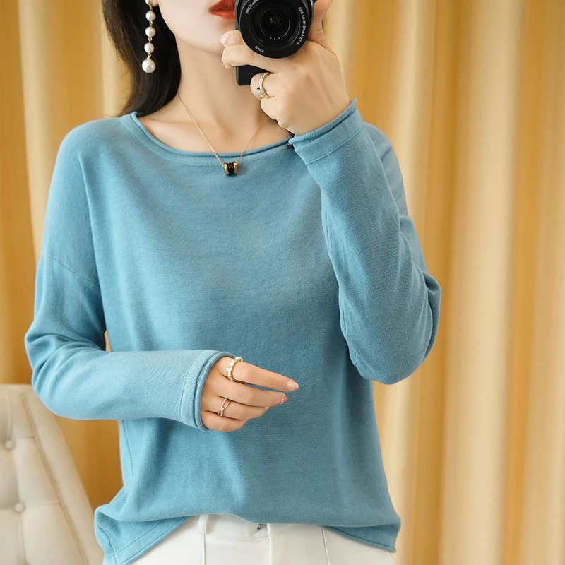 Women Knit Sweater Crimped Edge O-Neck Pullover Bottoming Pure Cotton Sweater Spring Autumn New Tops Clothes