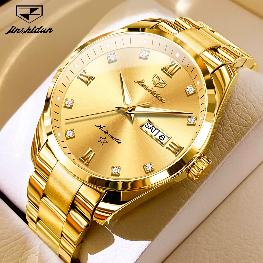 

JSDUN Original Men Watch Luxury Waterproof Fully Automatic Mechanical Watch Luminous Gold Stainless Steel Strap Male Wristwatch