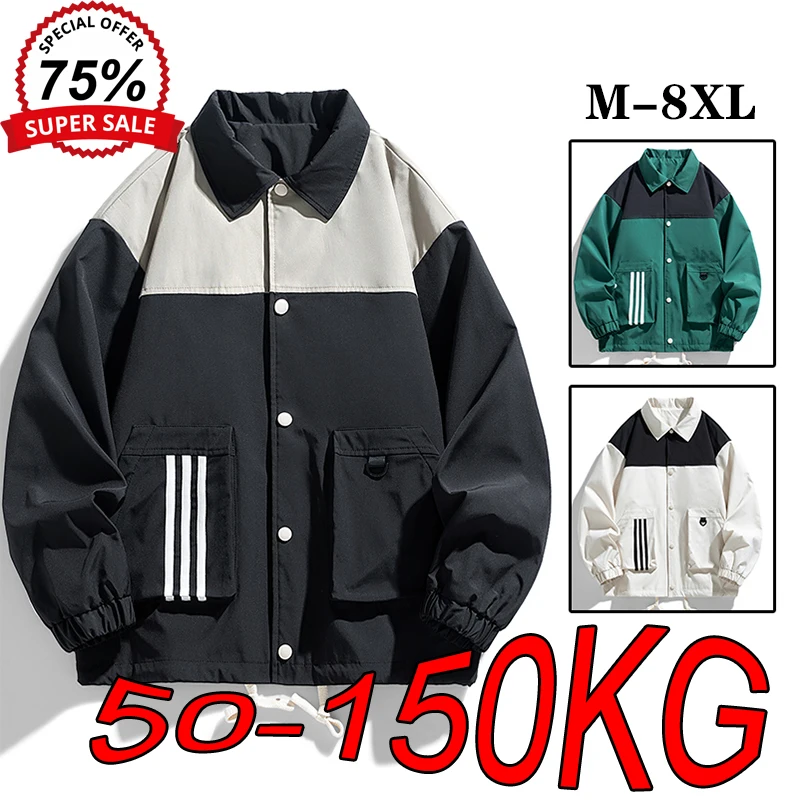 M-8XL Large Size Men's Baseball Jackets Autumn Winter Lapel Harajuku Style Street Tops Loose Big Size Tooling Outdoor Sport Coat