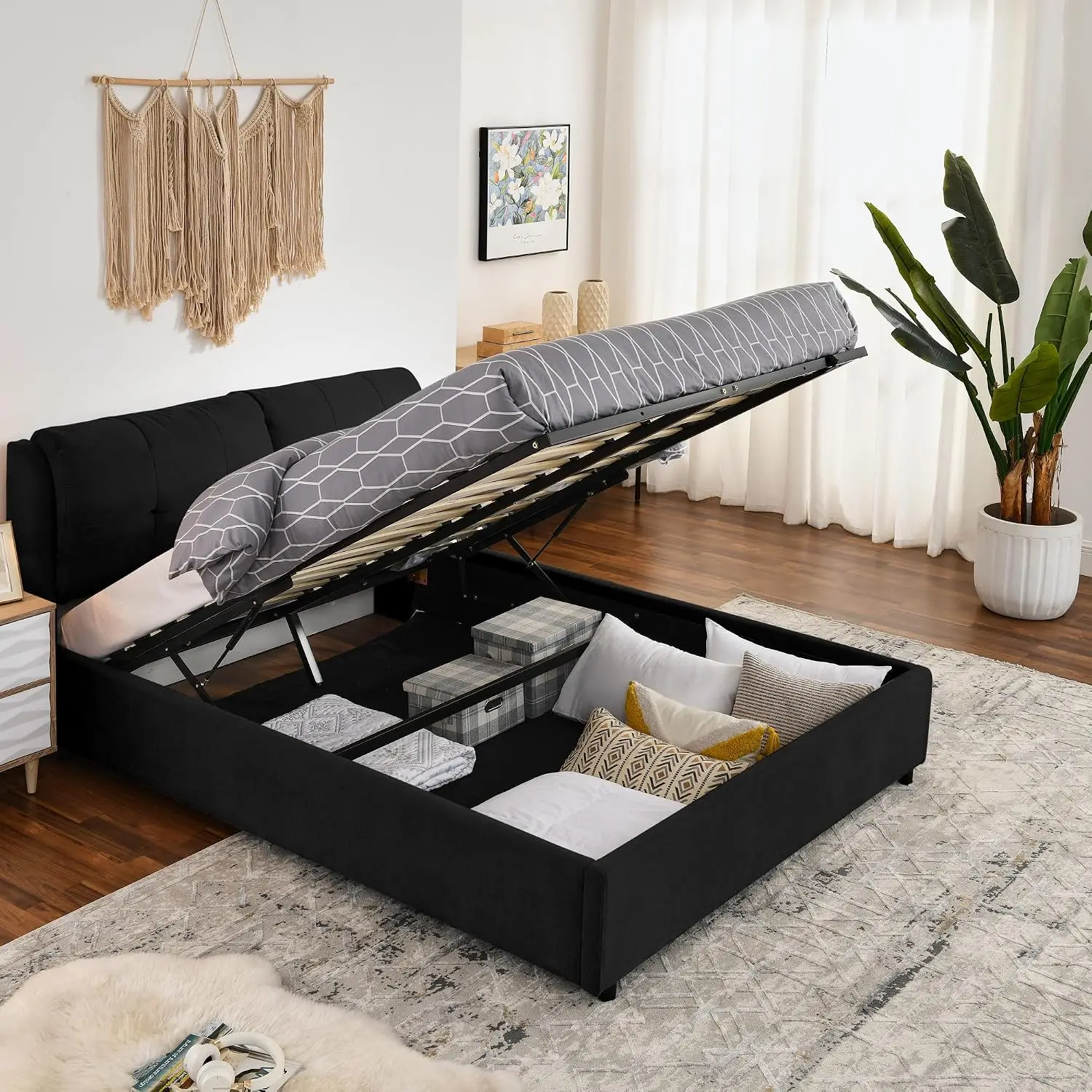 Queen Size Lift-Up Storage Cloud Bed with Hydraulic Platform Black, Customized