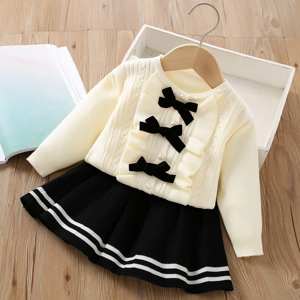 Girls Sweater Dress Set Cute Girl Knitted Skirt Bow Decoration Children Two-piece Skirt Set Kids Autumn Dress Birthday Gift