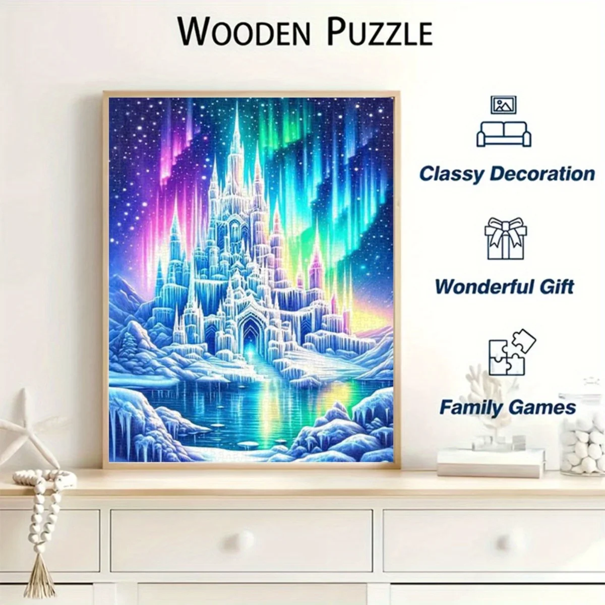 1000 قطعة من أحجية الصور المقطوعة على شكل قلعة الجليد أورورا: مملكة جليدية ملونة تحت السماء المرصعة بالنجوم، مع تأملات على سطح البحيرة، CR