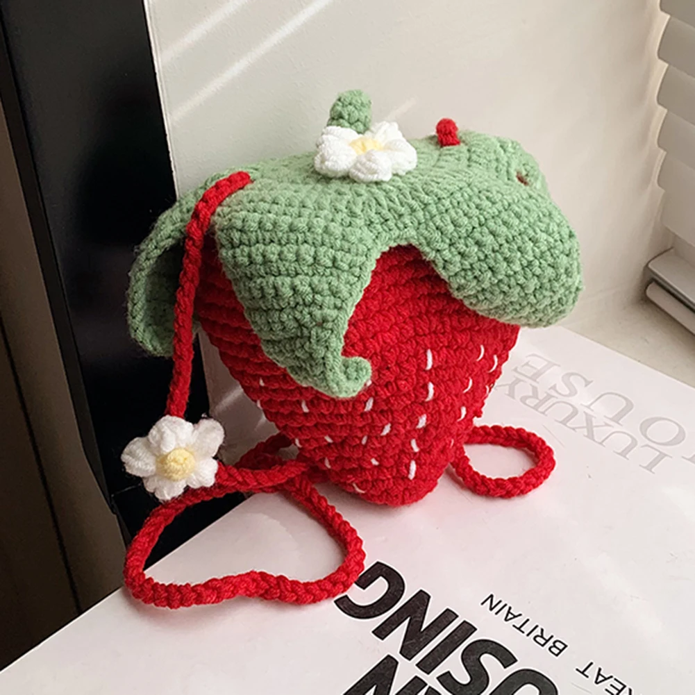 

Cute Strawberry Knitted Bag Handmade Fashion Cotton Rope Strawberry Shoulder Bag Knit Sling Purse for Women