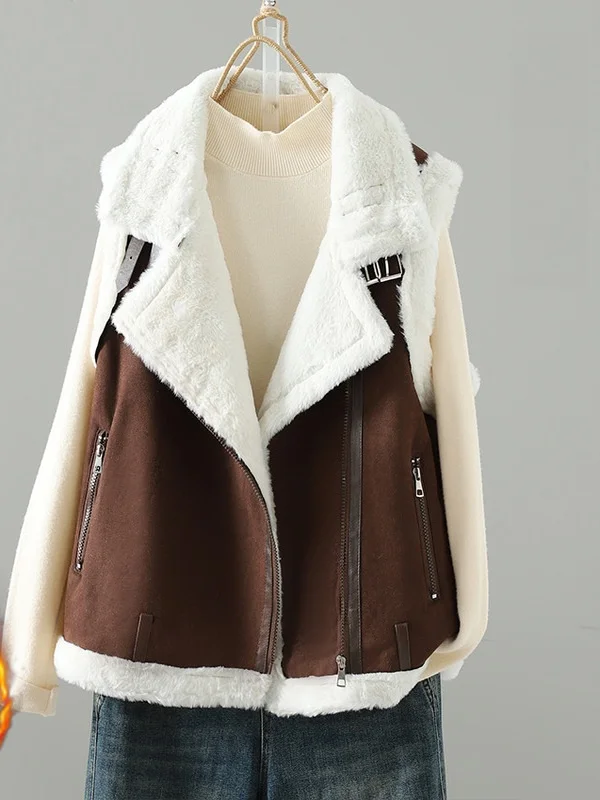 

Casual Sle Large Size Women's Leather And Fur Vest Jaet Artistic Retro Faion Anti-Aging Top Zipper Closure No Sve