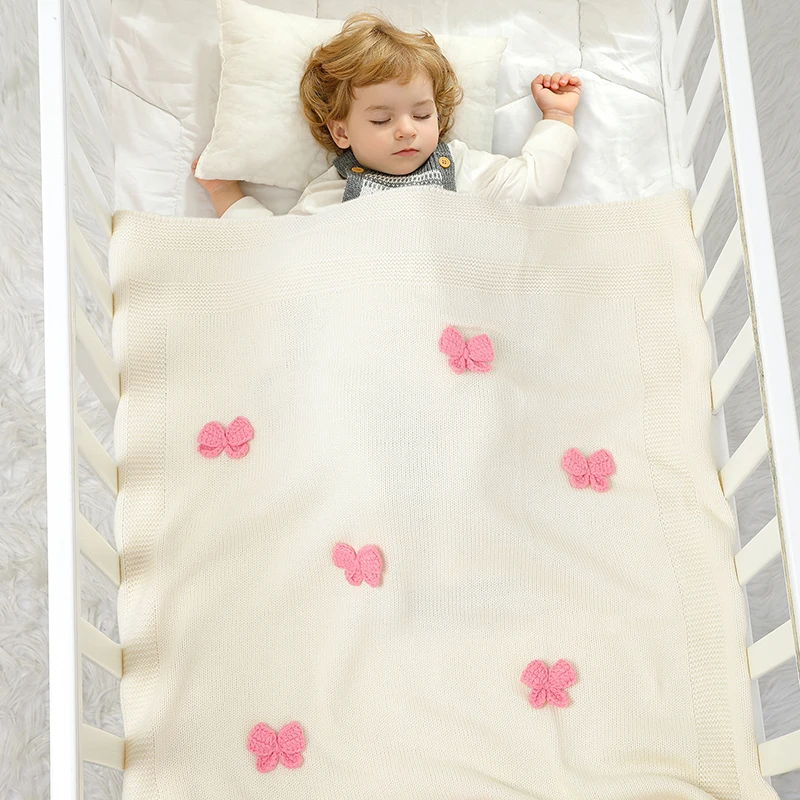 

Baby Blankets Knit Newborn Boys Girl Bedding Quilt Fashion Cute 3D Bows Infant Stroller Swaddling Wrap Super Soft 90*70CM Plaids
