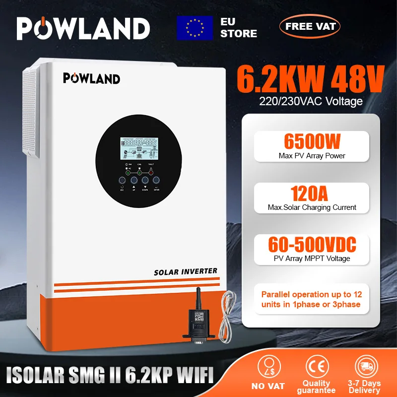 POWLAND Inverter solare a onda sinusoidale pura 6Kw 48V Funzione ibrida di avvio a freddo Frequenza Mppt incorporata 50/60Hz Negozio UE Nessuna TVA Solaire