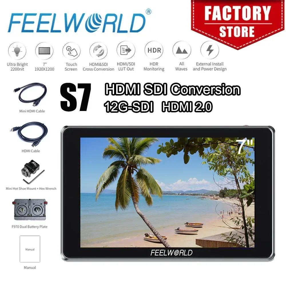 FEELWORLD S7 7 polegadas 12G-SDI HDMI2.0 Monitor de campo de câmera 4K HDMI HDR/3D LUT Alto brilho 1600nit Touchscreen 1920x1200 pixels