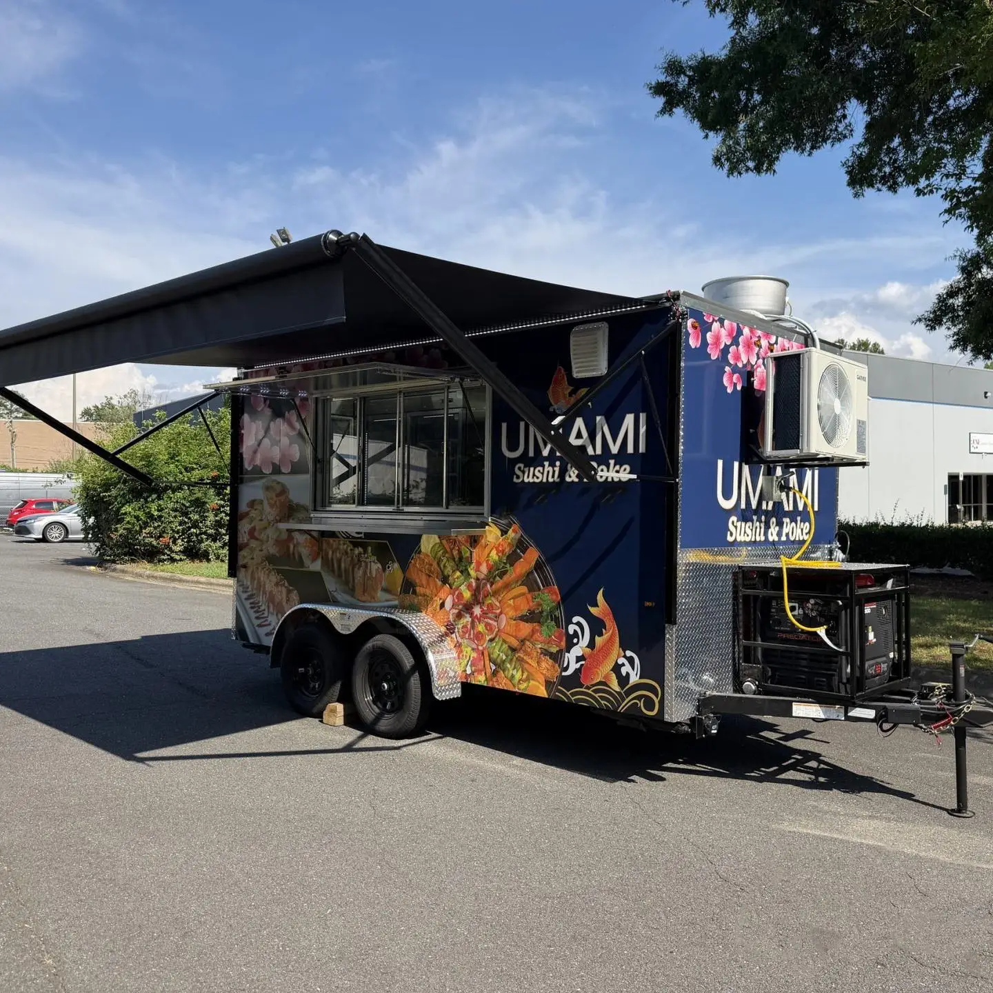 Mobile Asian Street Food Trailer With Custom Wrap Awning & AC, for Sushi Poke Bowl Teriyaki Spring Roll Street Vendor Business