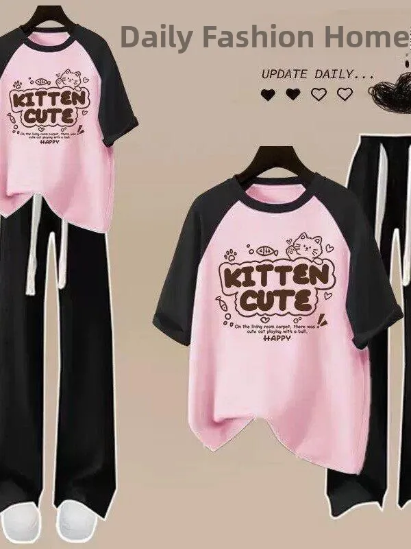 

plus Size 300 Pounds Fat Sister Girl School Style Short Sleeve T-Shirt Set Women Summer Wide Leg Straight Pants Two Piece Set