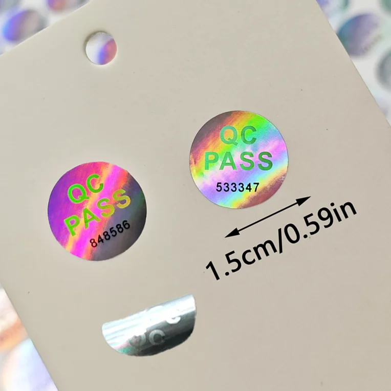 

1000 шт. голографических наклеек QC PASS с черными случайными номерами, лазерные этикетки для одежды, гарантия качества проверки телефонов