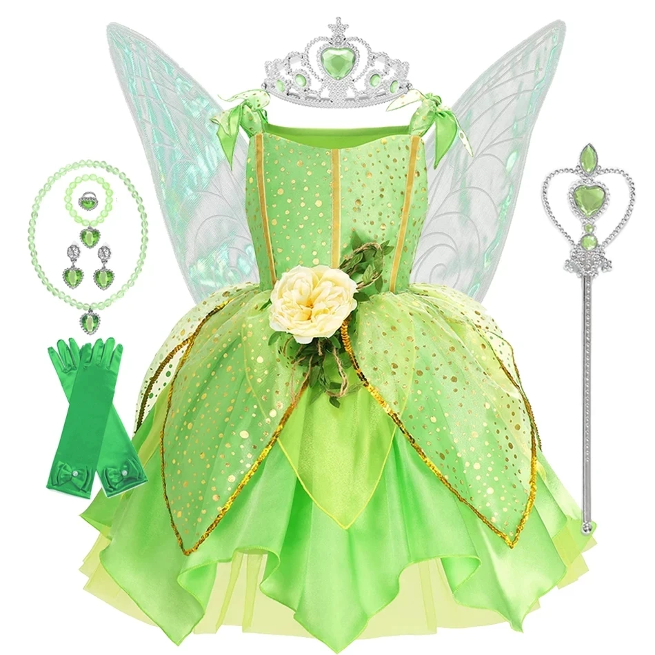 Disney Girls Tinker Bell Dress Dress Up Kids Princess Dress Halloween Cosplay Princess Flower Fairy Costume Party Tinkerbell