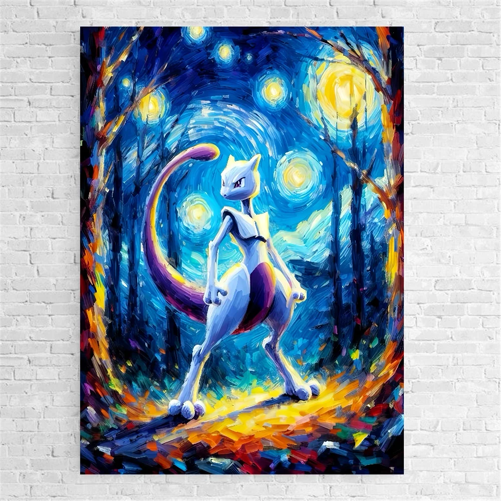 Pokemon Pikachu Mewtwo Van Gogh Style Canva Painting Wall Decorative Posters and Prints Living Decorate Picture Art Room Picture