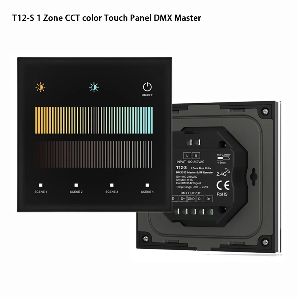 1 Zone Dimming Glass Touch Panel DMX512 Master AC 100-240V CCT/RGB/RGBW/RGBCCT LED Light Dimmer Switch 2.4G RF Remote Control