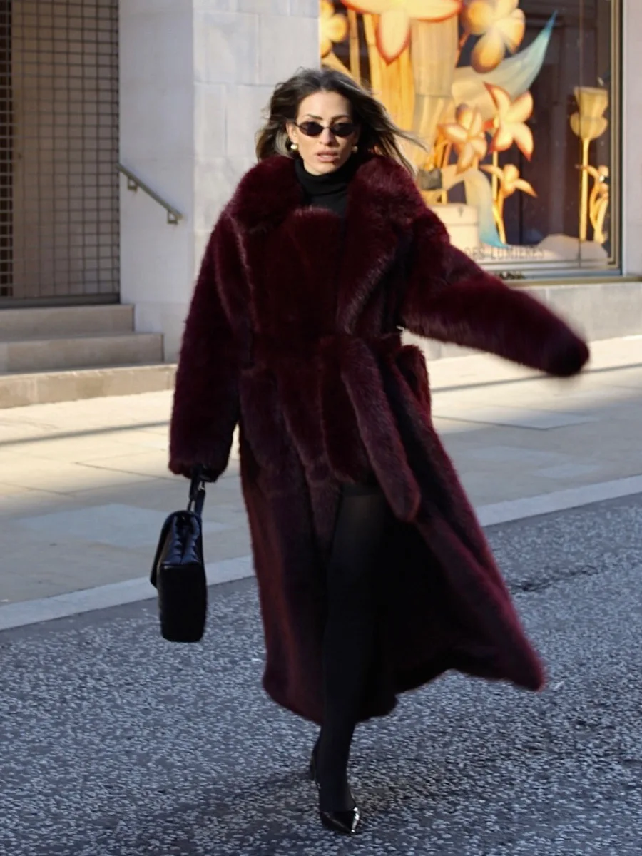 Winter High Quality Long Faux Fur Jacket Coat Women Warm Burgundy Belted Maxi Jacket Lapel Plush Loose Overcoat Luxury Outwear