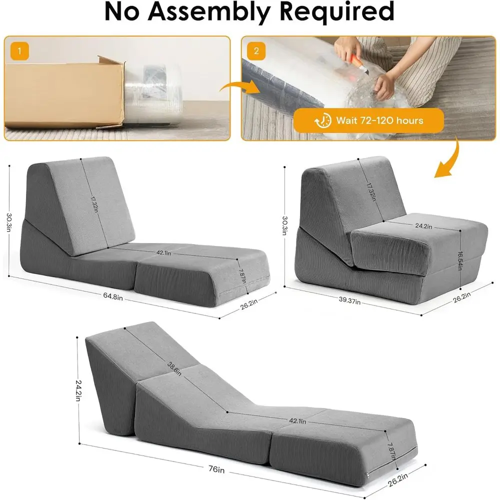 سرير أريكة سروال قصير رمادي قابل للطي، كرسي صالة متعدد الأغراض مع مسند ظهر للمساحات الصغيرة، مثالي للشقق والمساكن #2
