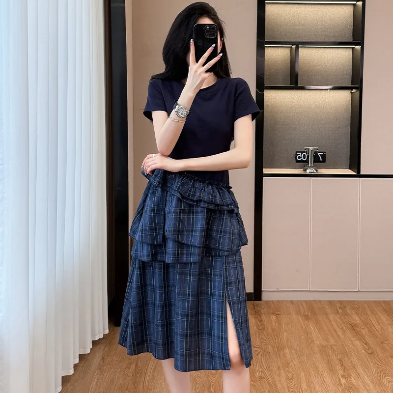 ผู้หญิงฤดูร้อนชุดแฟชั่น ruffled ลายสก๊อต patchwork hem ชุด Chic ปลอม 2 ชิ้น O-คอแขนสั้น Maxi แยกเสื้อยืดชุด