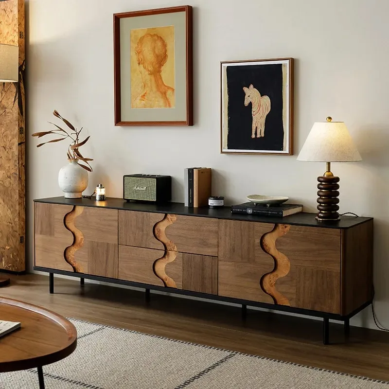 Medieval retro solid wood TV cabinet, living room storage locker, TV cabinet combination, black walnut parquet cabinet