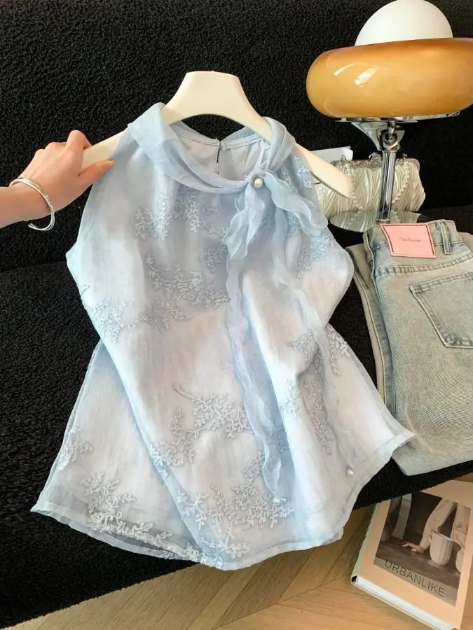 

Elegant Embroidered Knot Chiffon Blouse Women's Style Summer Korean Sleeveless Top Fashionable Breathable Skin-frie...