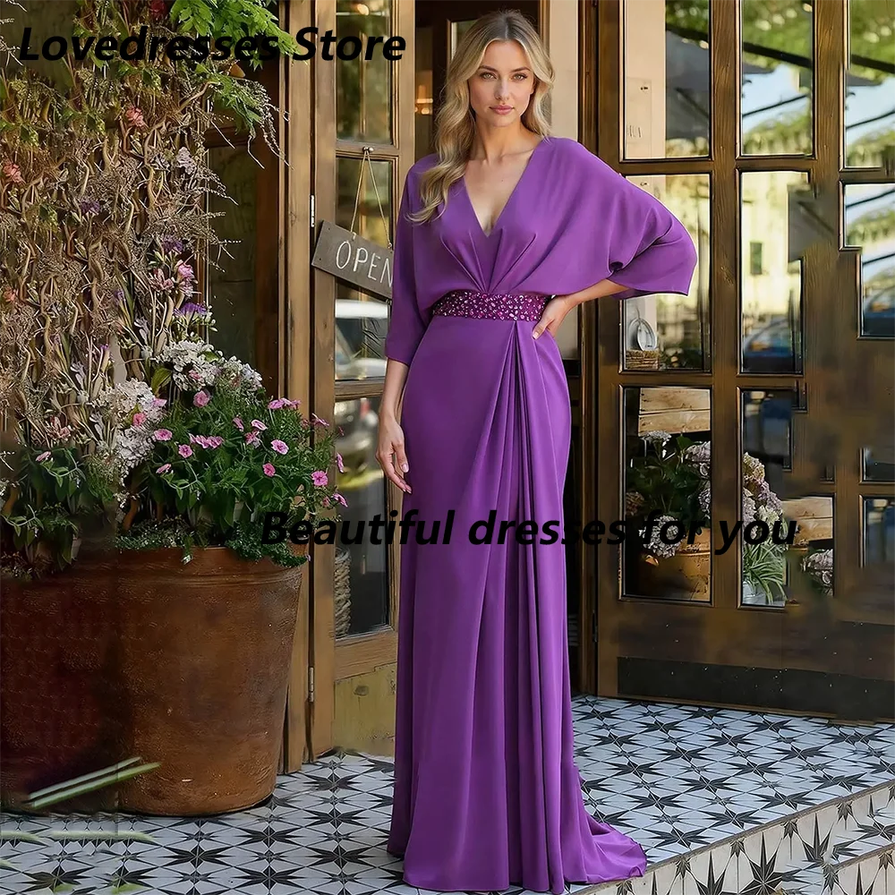 Elegant Purple Mother of The Bride Dresses for Women V Neck Long Sleeve Beaded Waist Formal Evening Party Dress Customized