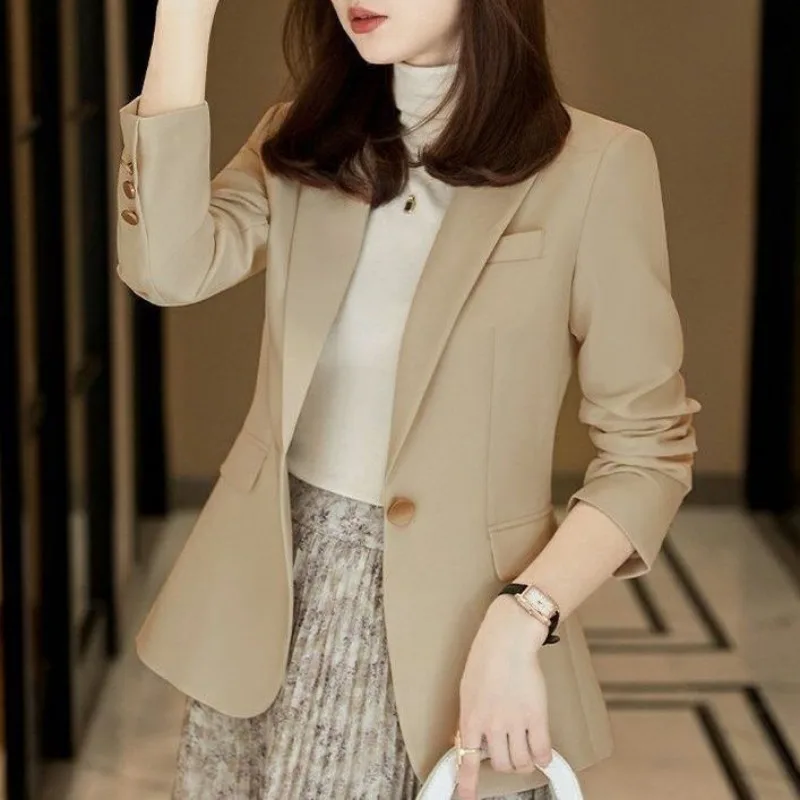 Women's Solid Color Button Long Sleeve Cardigan Commuting Suit Fashion Casual Lapel Jacket Top