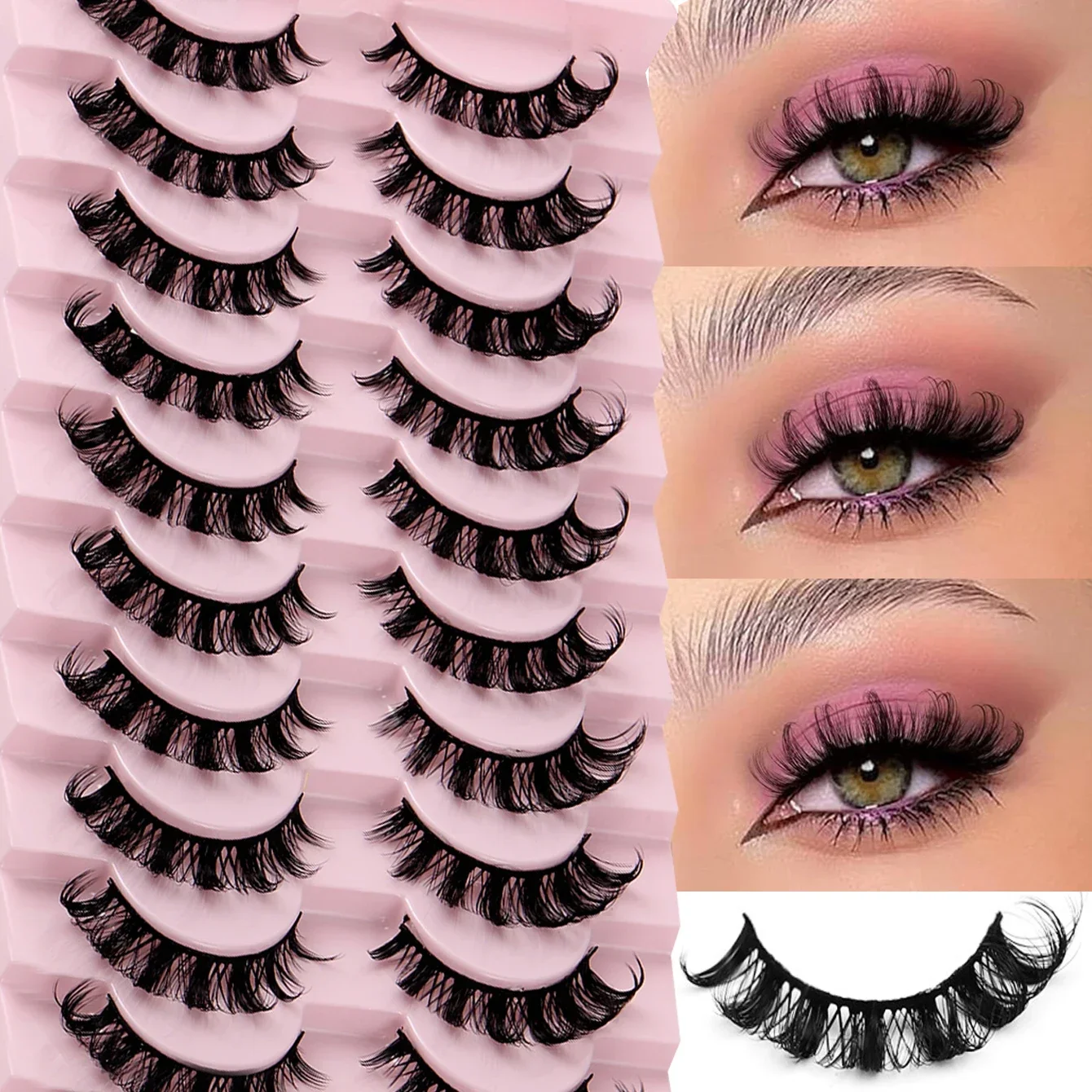 10 Pairs Russian Strip Lashes D Curl Fake Lashes Natural Look Fluffy Volume Wispy Russian Lashes 3D Effect Fake Eyelashes