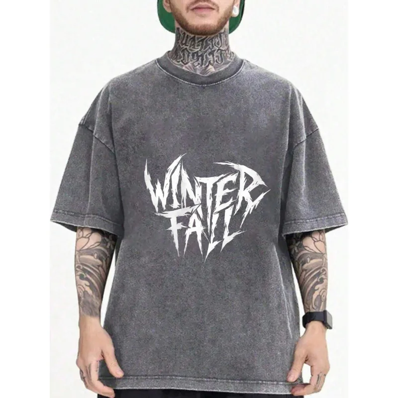 تي شيرت رجالي مغسول أسود شتاء خريفي مطبوع نمط ونص جودة عالية 100% قطن 230 جرام