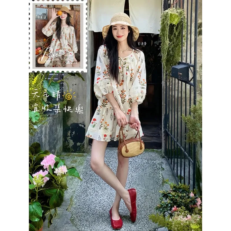 

Women's Beige Floral Print Puff Sleeve Long Dress Boho Casual Midi Dress