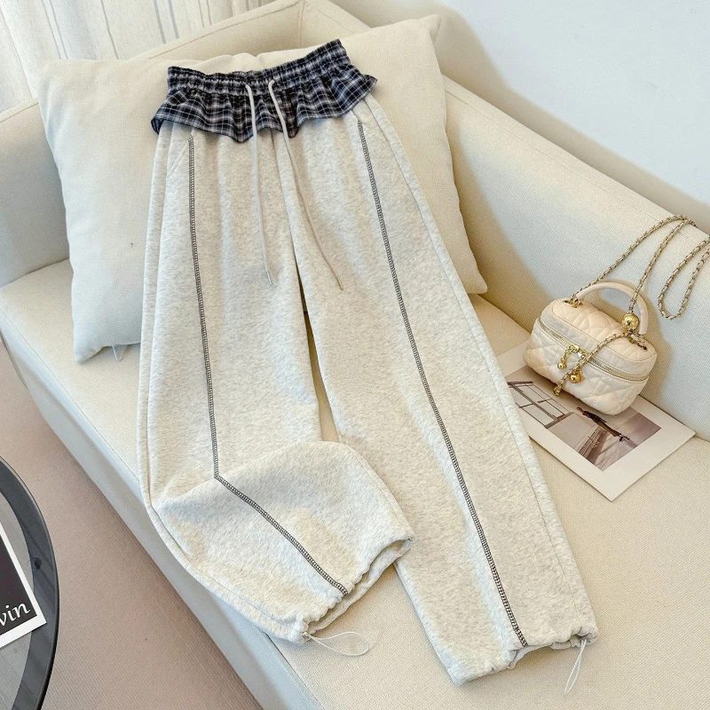 

Американские клетчатые брюки-палаццо с широкими штанинами и изогнутым кроем для женщин, весенние, с высокой талией, повседневные, узкие спортивные брюки