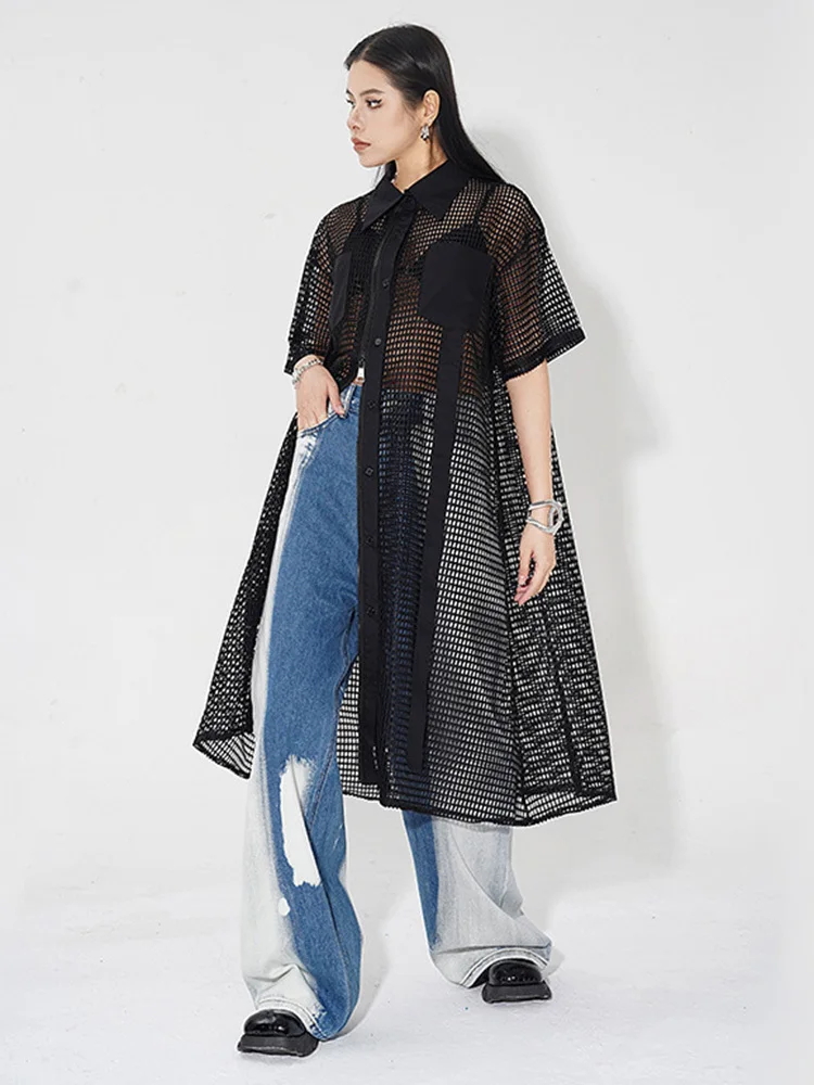 [EAM] Women Black Mesh Perspective Midi Big Size Shirt Dress New Lapel Short Sleeve Fashion Tide Spring Summer 2024 1DH4934