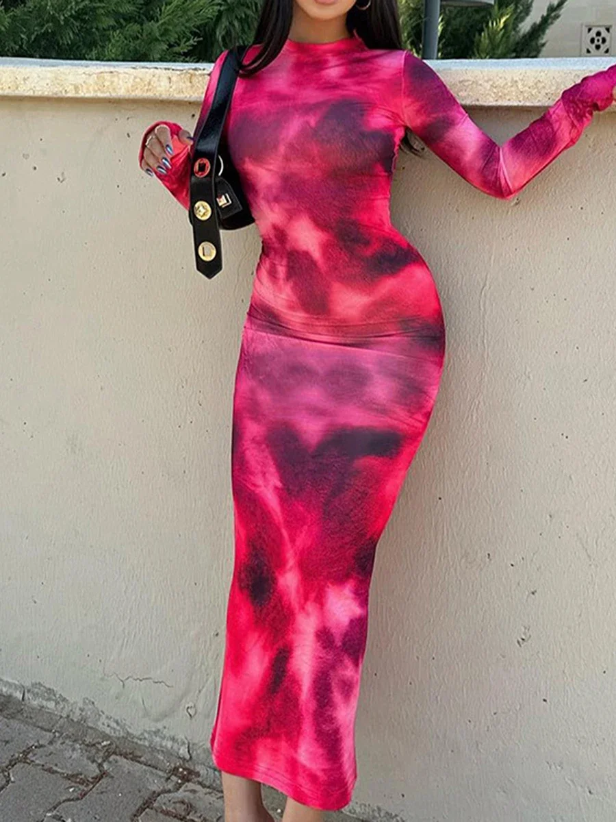 Jurken voor dames Tie-Dye lange jurk Slanke ronde hals Bodycon-jurk met lange mouwen en duimgaten Feest Clubwear Jaren 2000 Streetwear