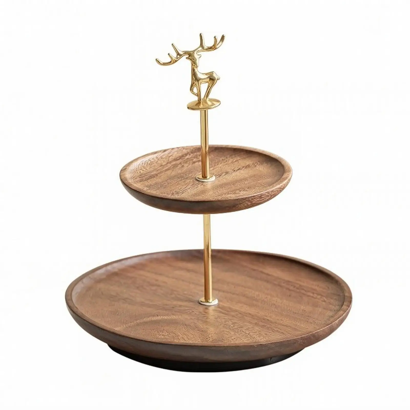 Double Tier Walnut Wood Tray Holder with Deer Figurine for Serving Snacks Fruits and Small Items on Counter