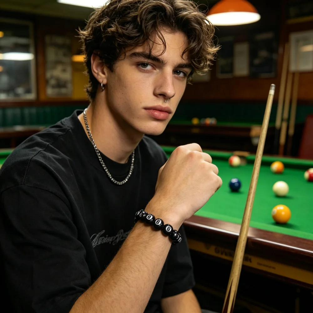 Fashion Black White Number 8 Billiard Ball Bracelet Unisex Acrylic Stretch Pool Ball Beaded Bangle for Men Women Sports Jewelry