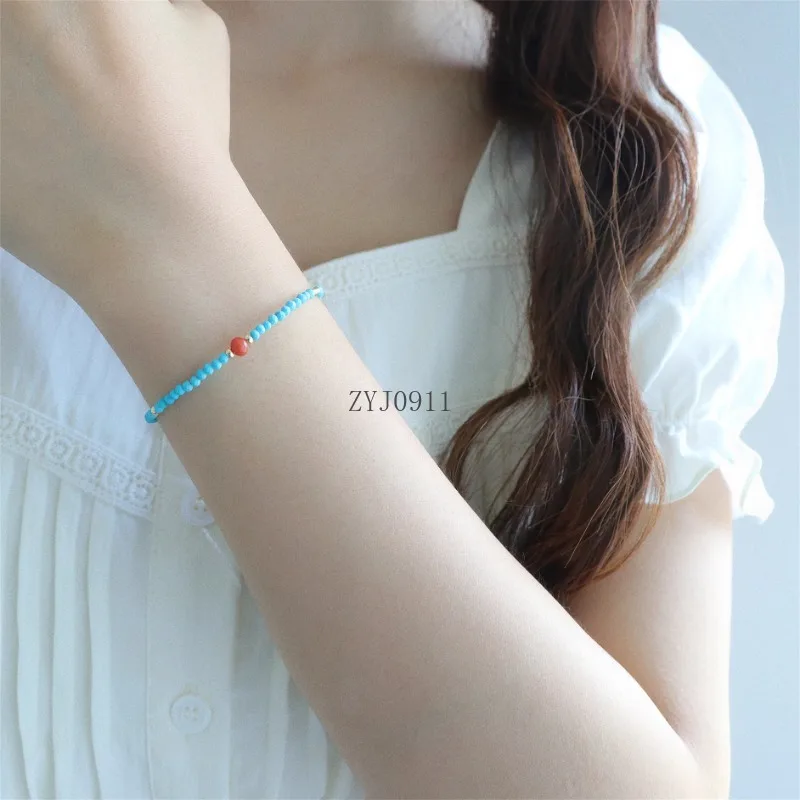 [أزرق] سوار من العقيق الفيروزي الأزرق الطبيعي، مجوهرات بمزاج أبيض للسيدات على الطراز الصيني متعدد الاستخدامات