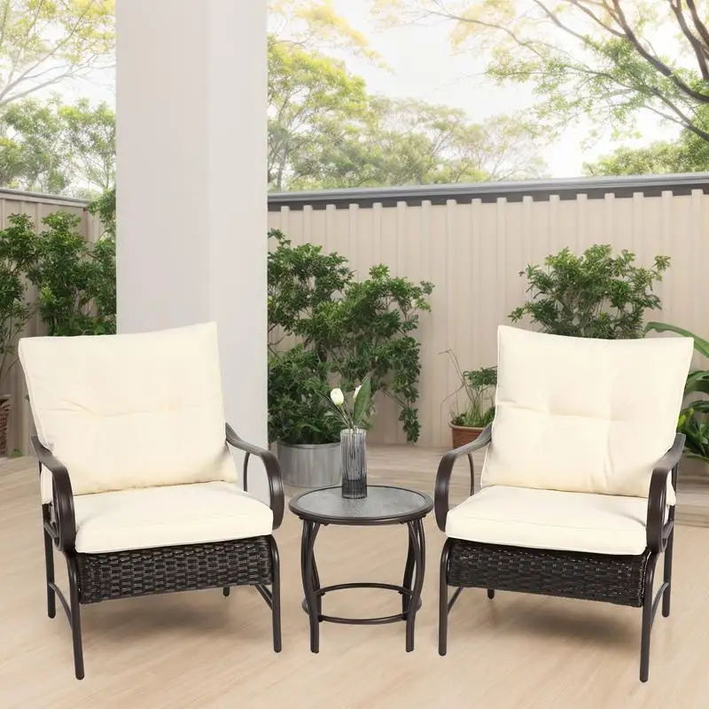3-Piece Outdoor Wicker Patio Set, Modern Rattan Chair Conversation Set with Table for Garden and Balcony