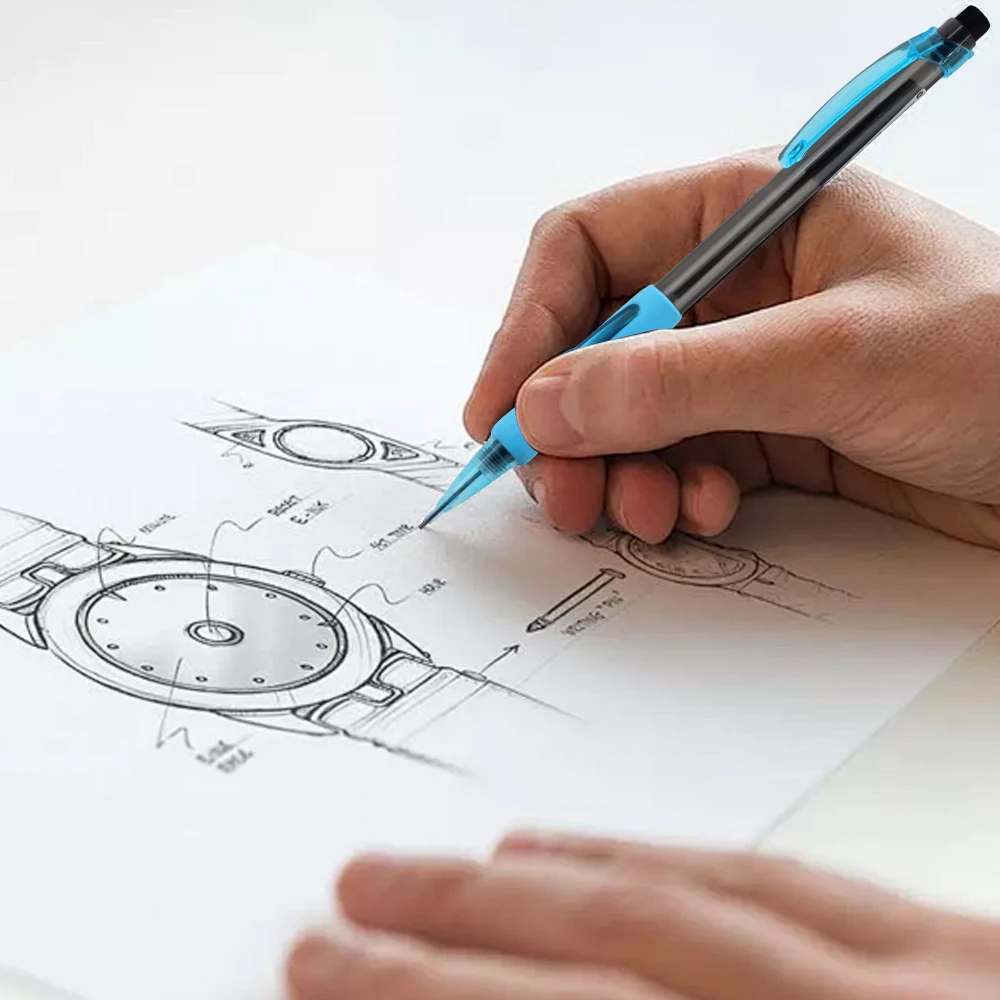 Neues 0,5 0,7 0,9 mm Druckbleistift-Set mit 2 Boxen Stifte, automatischer Bleistift mit integriertem Radierer für Bürobedarf. – Detail 10