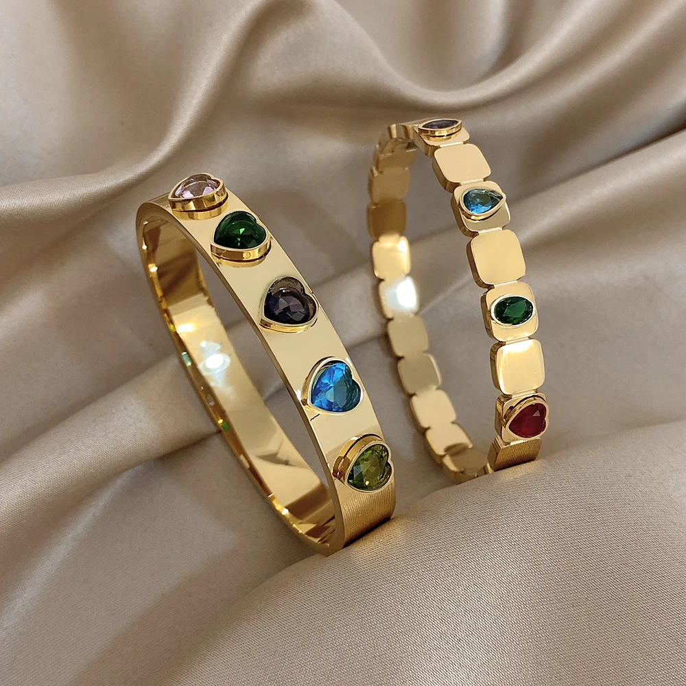 Greatera الملونة الهندسة حجر الراين مطعمة على شكل قلب الفولاذ المقاوم للصدأ سوار مطلي الذهب الفاخرة الكفة الإسورة مجوهرات هدايا