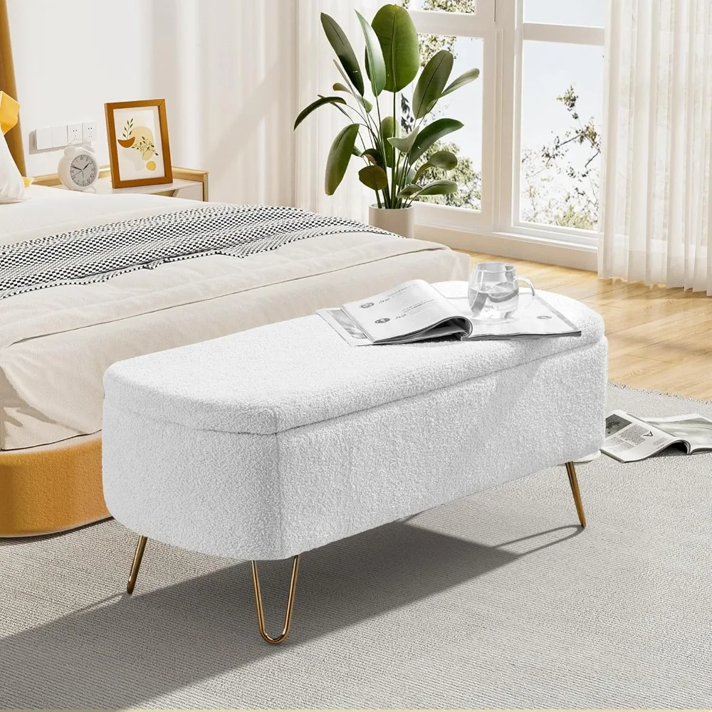 

Storage Ottoman Bench for Bedroom, Sherpa Upholstered End of Bed Storage Bench with Gold Legs, Teddy Shoe Seat Storage