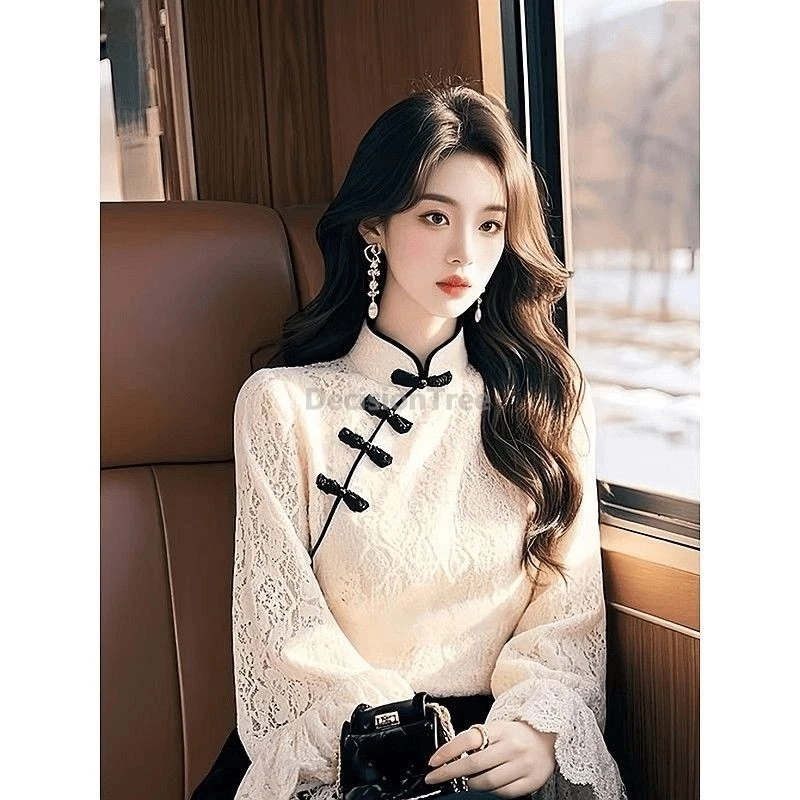 

2025 винтажный темпераментный литературный топ Ципао, китайский традиционный улучшенный повседневный элегантный топ, классическая изысканная кружевная блузка