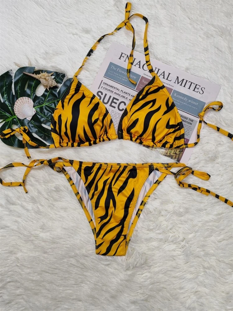 

American Retro Black Yellow Zebra Print Print Bikini Set Women Sexy Hot Girl Beach Style Swimsuit Y2k Fashion Vacation Swimwear