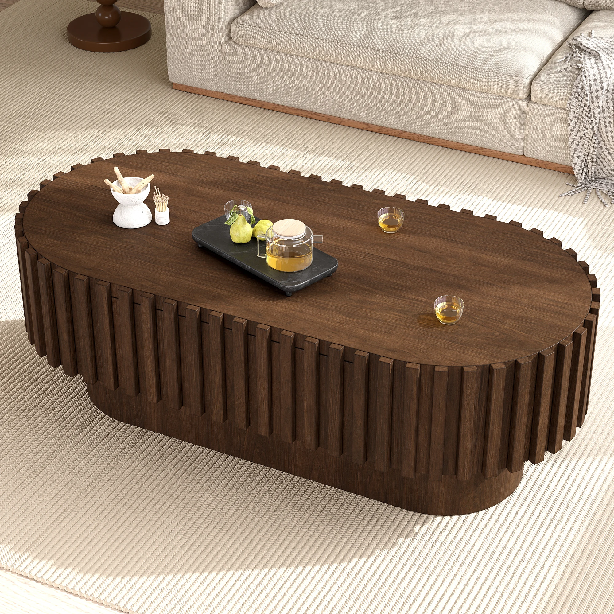 Tavolino da caffè ovale 100×50×35,5 cm con cassetto, finitura effetto listelli, tavolino da soggiorno, tavolino laterale, noce/nero