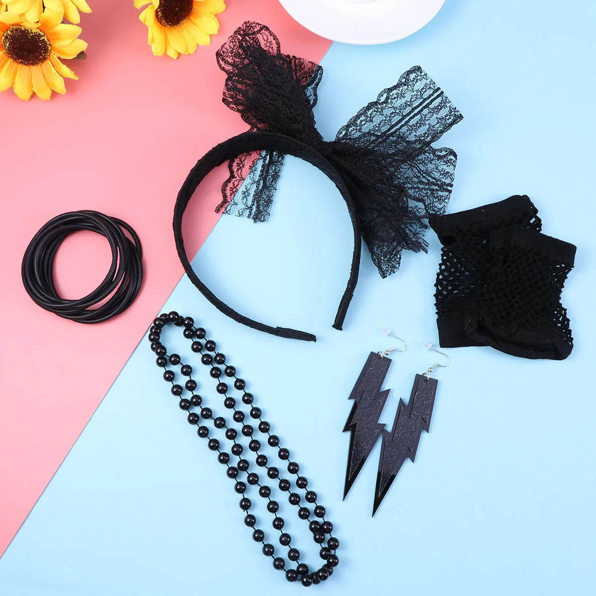 5 ピース 80S コスチュームアクセサリーセット カラフルなブレスレット ネックレス イヤリング レースヘッドバンド 網タイツ手袋 パーティー ハロウィンドレス用