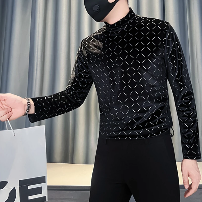 

Водолазка Велюровые мужские футболки с длинным рукавом Осень Зима Slim Fit Мужская базовая рубашка Корейские яркие полосатые мужские пуловеры Футболки