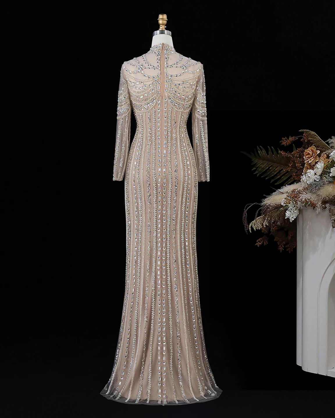 Sharon Said Abendkleid Elegantes Meerjungfrauenkleid mit hohem Halsausschnitt, Tüll, langen Ärmeln, Kristallen, Dubai, formelle Party, Hochzeitskleider SS195, maßgeschneidert – Detail 6