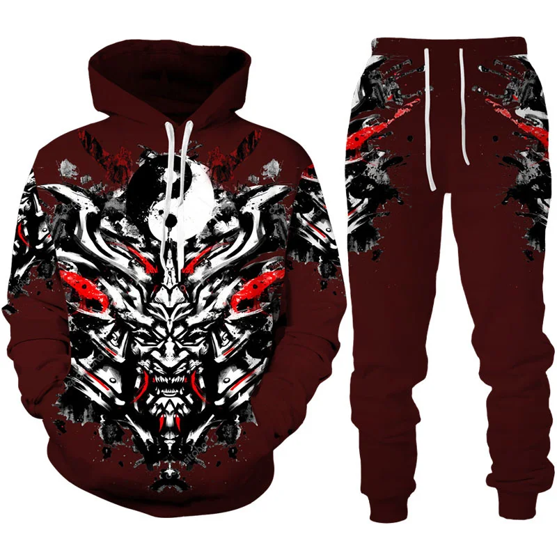 Japan Samurai Oni Mask Tattoo Art 3D Print Tracksuit Sets Casual Hoodie + Pants 2pcs Sets Fashion Man Woman Harajuku Streetwear