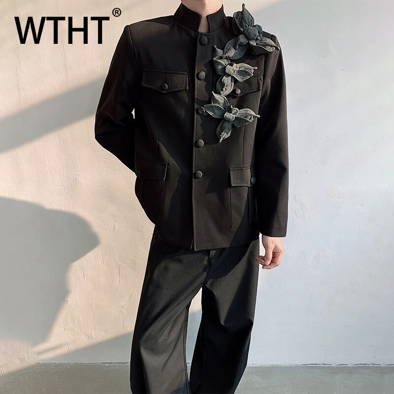 

WTHT модный летний мужской пиджак 2024, пальто контрастного цвета с цветочным принтом, модные мужские куртки в китайском стиле с воротником-стойкой 2A01006